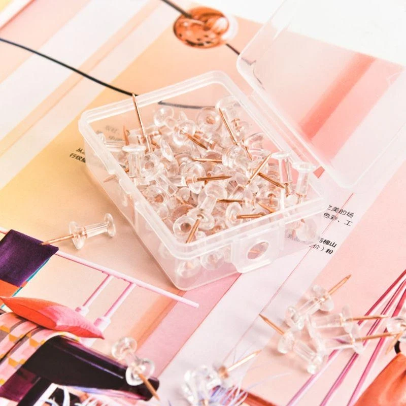 100개 투명 로즈 골드 푸시 핀 엄지 압정 보드 핀 드로잉 사진