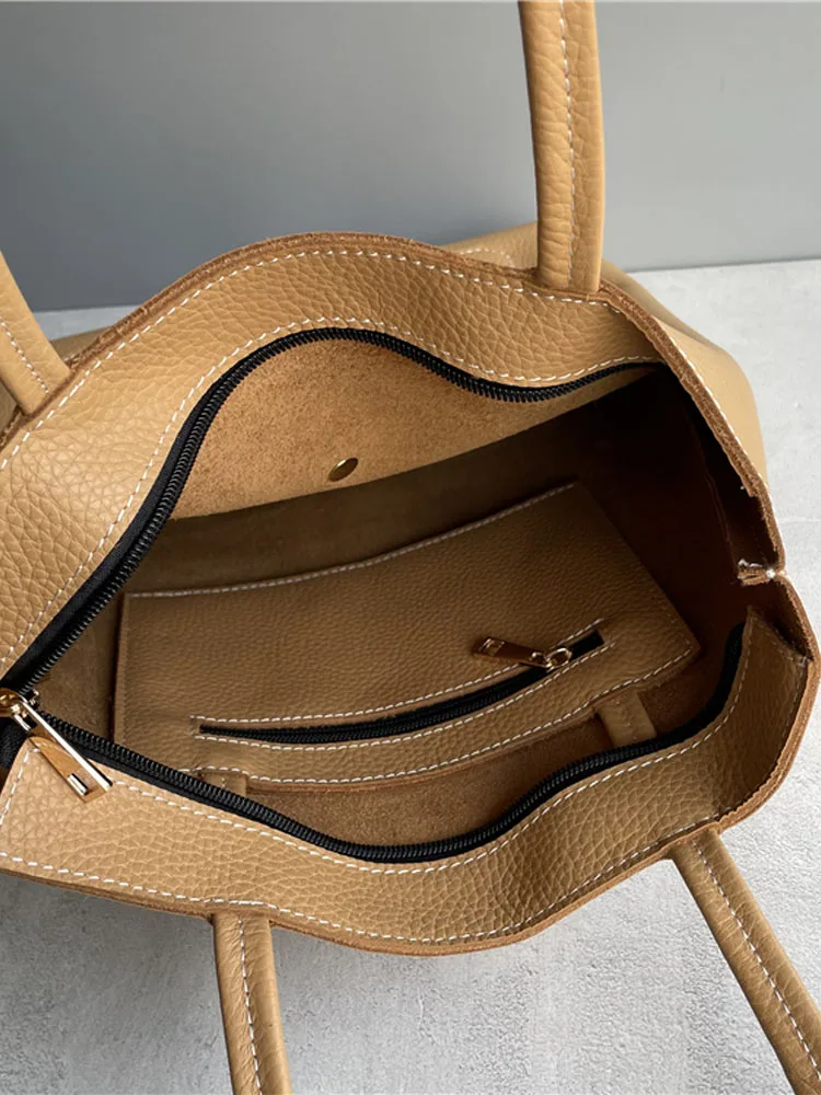 Cowhide Genuine Leather Casual Totes Women Large Capacity Shopping Bag Soft Solid Color Fashion Haruku Single Shoulder_voghion.com