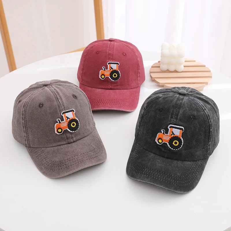 Washed Cotton Baby Baseball Cap Cartoon Tractor Embroidered Kids Snapback Hat Summer Soft Cotton Boys Girls Sun Hats