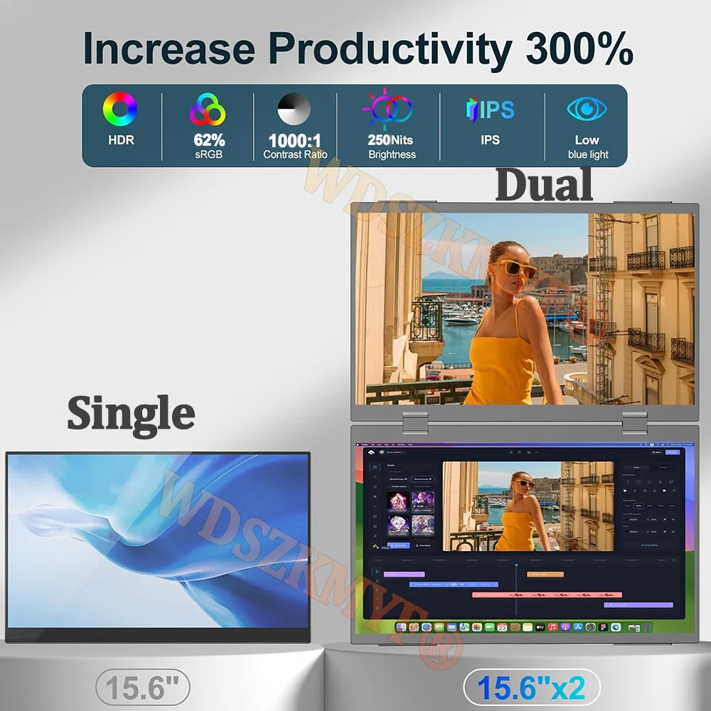 15.6"Portable Dual Monitor 1080P FHD Laptop 1Screen Extender Folding Stacked Dual/Singel Monitors for Game Laptop PC Windows Mac