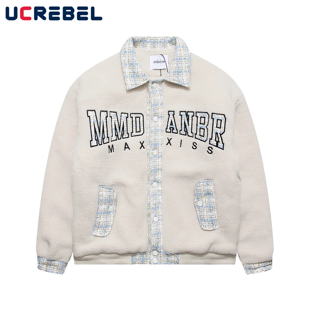 

Letter Embroidery Sherpa Quilted Jacket Mens Patchwork High Street Loose Lapel Winter Thick Jacket Men