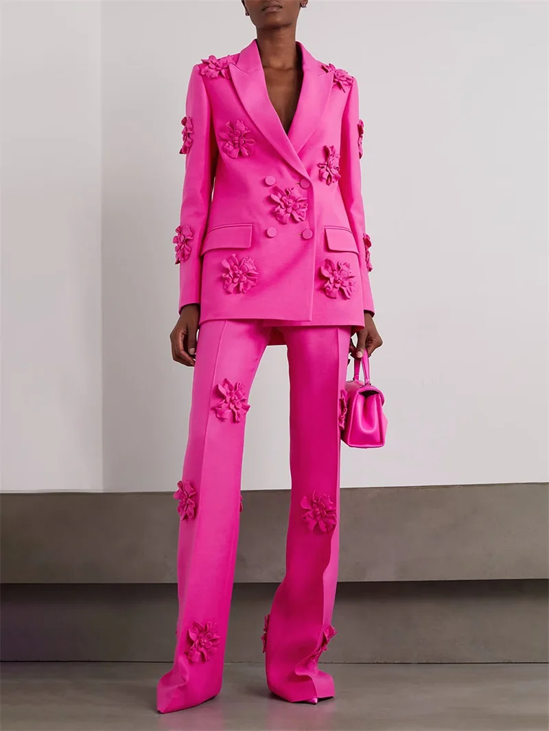 

Barbiecore Pink Women Suits Set Blazer 2 Pcs Jacket+Pants 3D Flower Applique Wedding Prom Dress Formal High Quality Party Coat