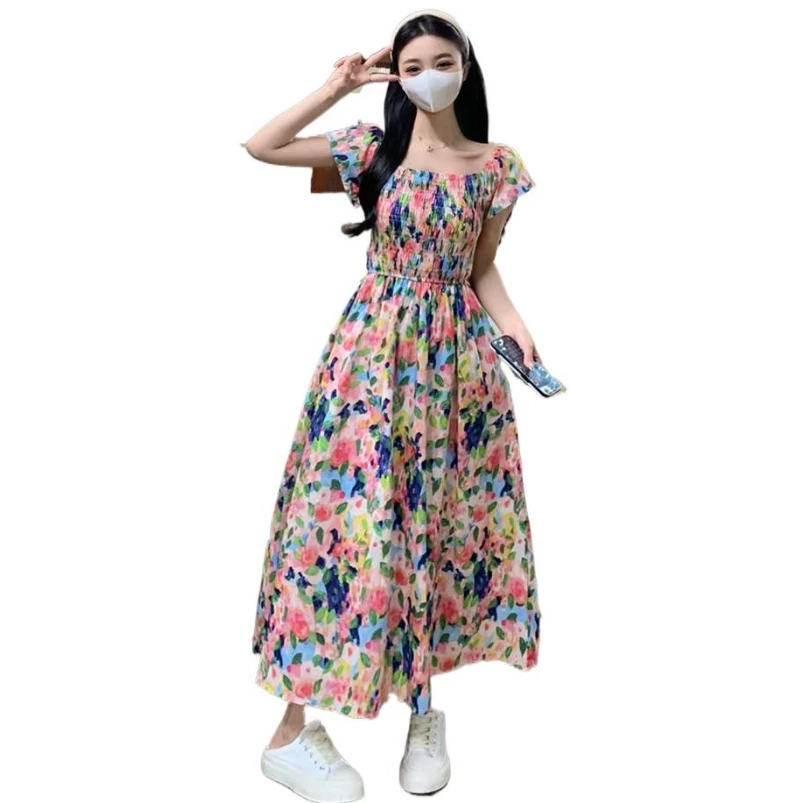 

Summer Cotton Women Flying sleeve Sweet Floral Print Lovely Elegant Dress Slim Slash Neck Elastic Waist Dress Vintage Vestidos