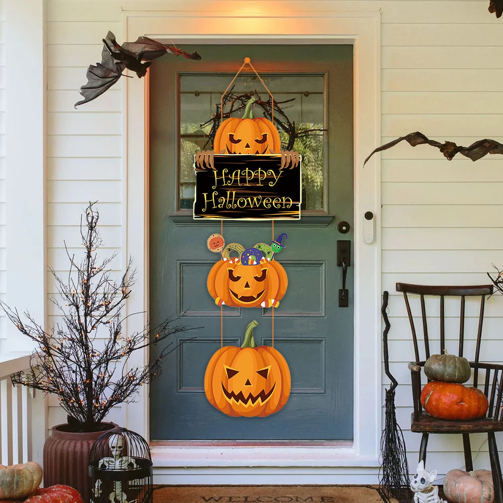 1Pc Halloween Pumpkin Door Hanging Sign Pendants Ghost Faced Bat Paper Front Door Hanger Halloween Party Decorations For Home