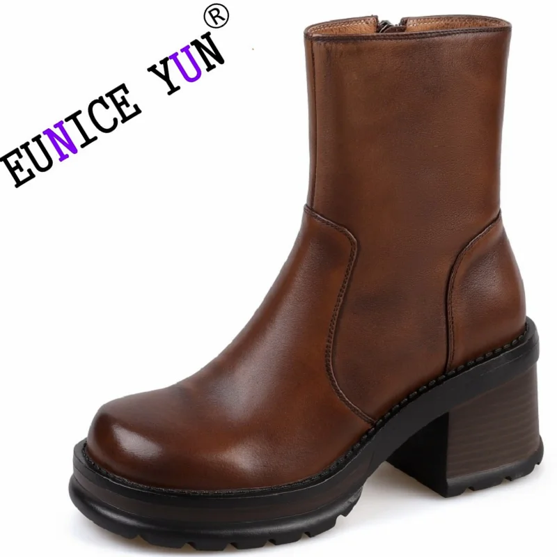 

【EUNICE YUN】Women Genuine Leather Ankle Boots Round Toe Platform Block High Heels Zipper Short Boot Ladies Shoes Autumn Winter