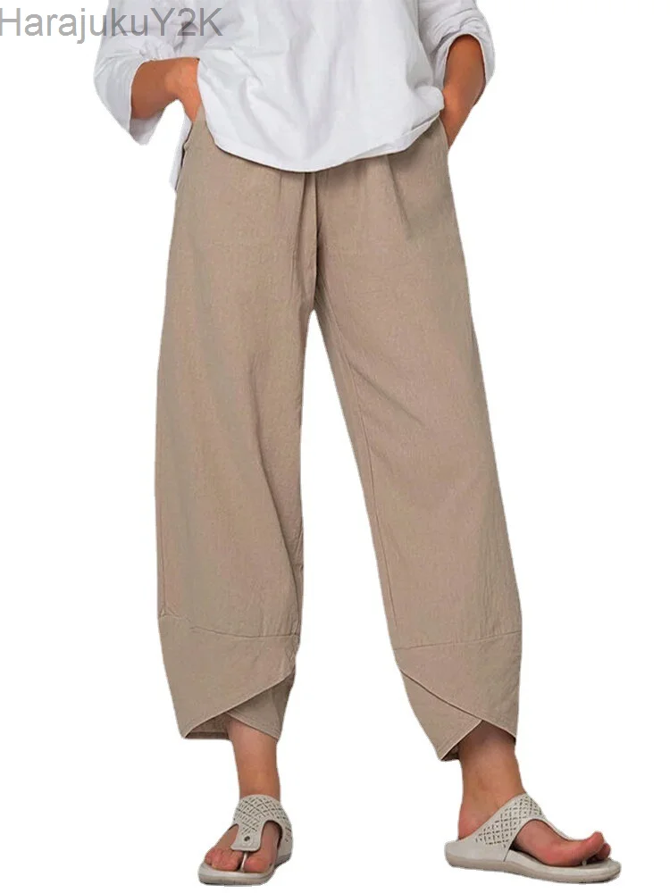 

Cotton Linen Harem Pants Women Vintage Elastic Waist Wide Leg Trousers Female Casual Harajuku Pockets Loose Yoga Pants Pantalon