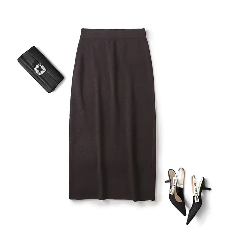 

Women 2024 Spring New Fashion Drawstring Knitted High Waist All-Match Skirt Chic Elastic Waist Casual Midi Skirt Mujer