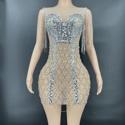 Sparkly Rhinestone Chains Crystal Short Dress Birthday Outfits for Women Sexy Club Party Dress Sleeveless See Through Stage Wear