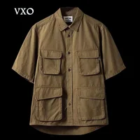 5/4 Sleeve Work Shirt American-Style Elastic Cargo Short-Sleeved Retro Outdoor Multi-Pocket Shirt Four Pocket Shirts Asia Size 1