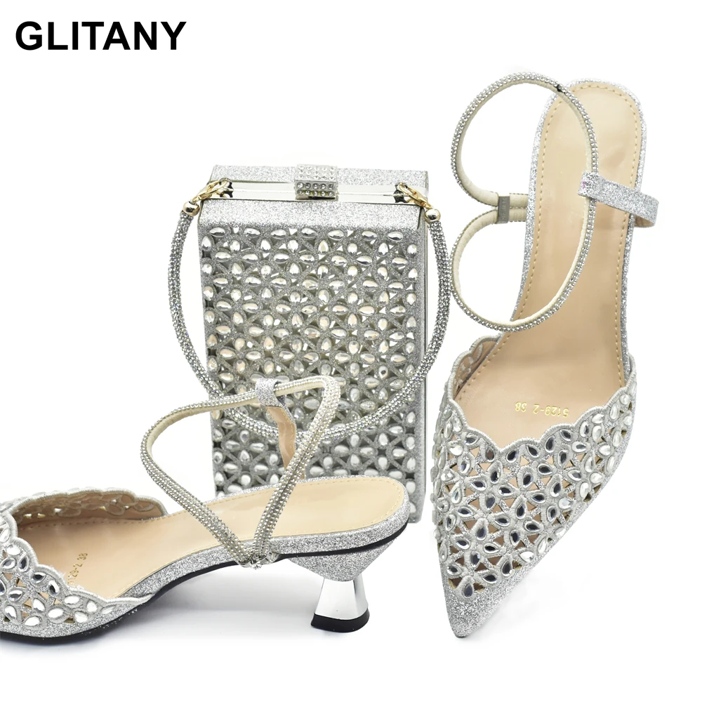 

Shine Luxury Designers for Lady Mid-heel Rhinestone Pointed Toe Wedding Shoes Bride Shoe and Bag Set for Party In Women Nigerian