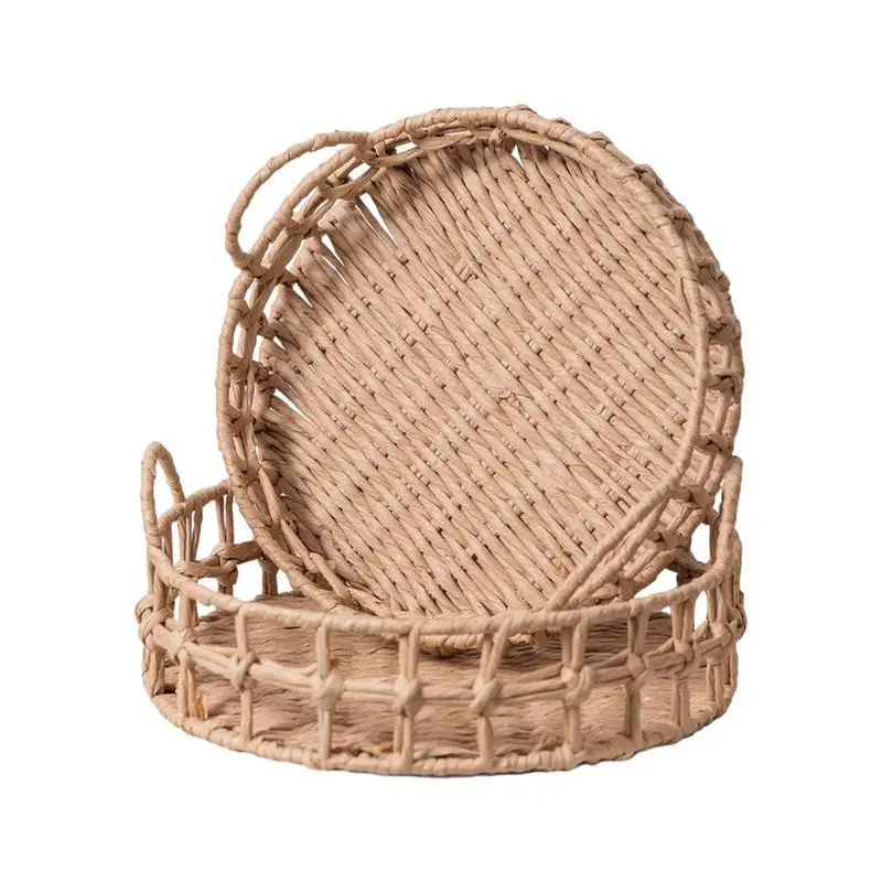 

Woven Fruit Baskets Portable Round Fruit Storage Paper Rope Basket Hand Woven Laundry Basket With Handles For Clothes Toys