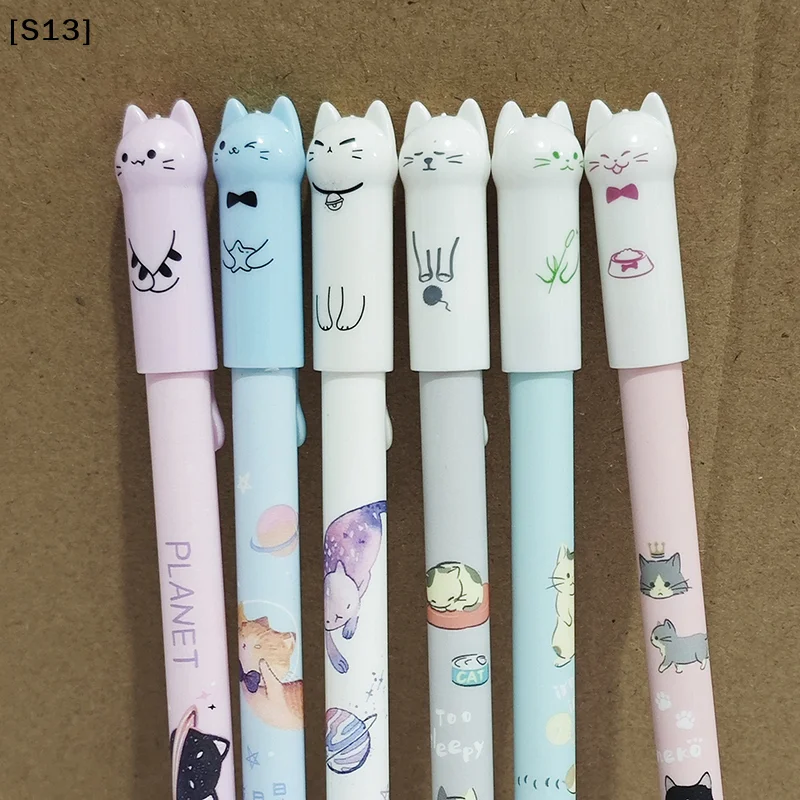 6Pcs 학생 교사 선물 0.5mm 귀여운 고양이 꼬리 지울 수있는 젤 펜 세트 블루 매직 리필 학교 사무실 카와이 쓰기 문구 Q @