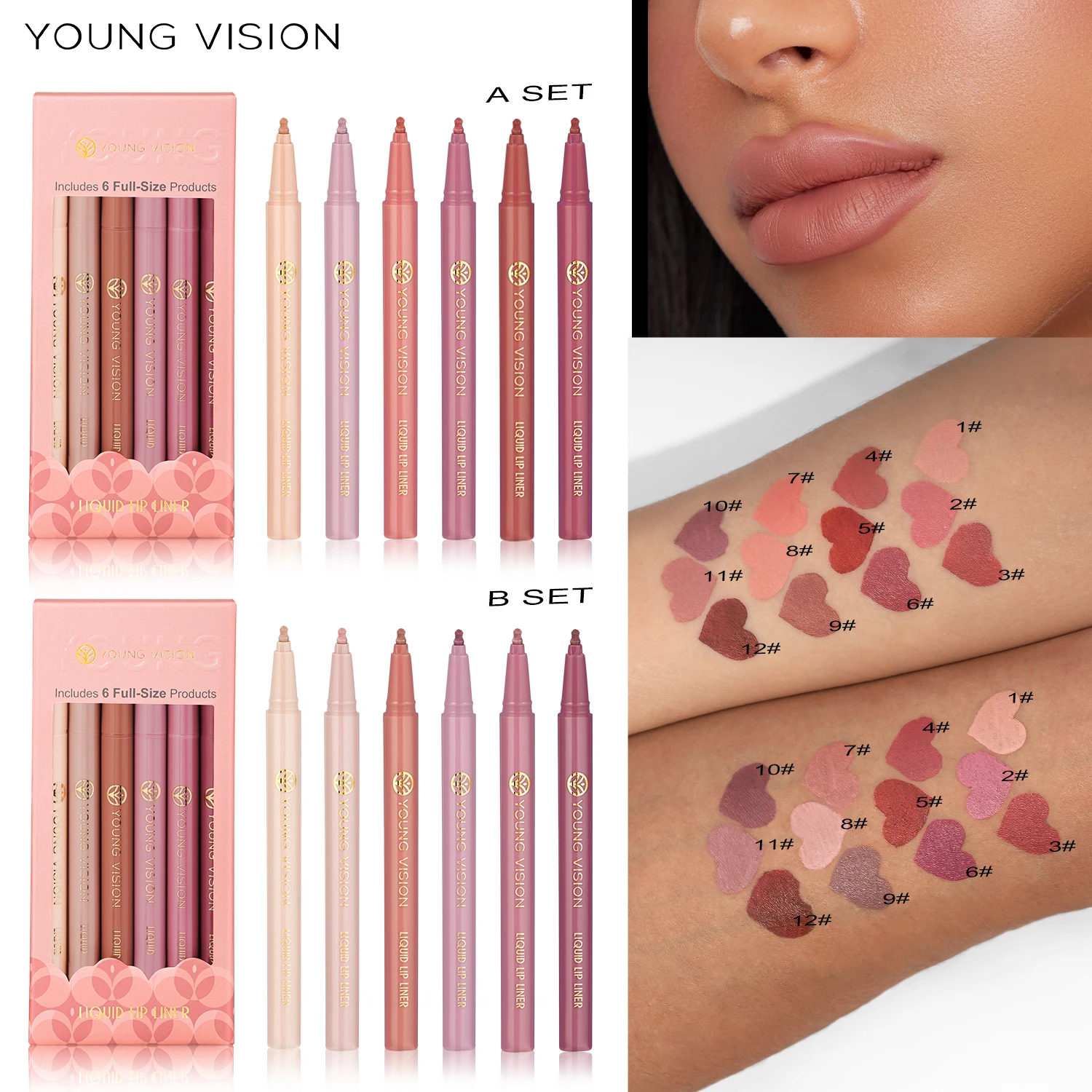 YOUNG VISION matte 6-color liquid lipliner set sponge gourd head fog face nude lipstick pen 4