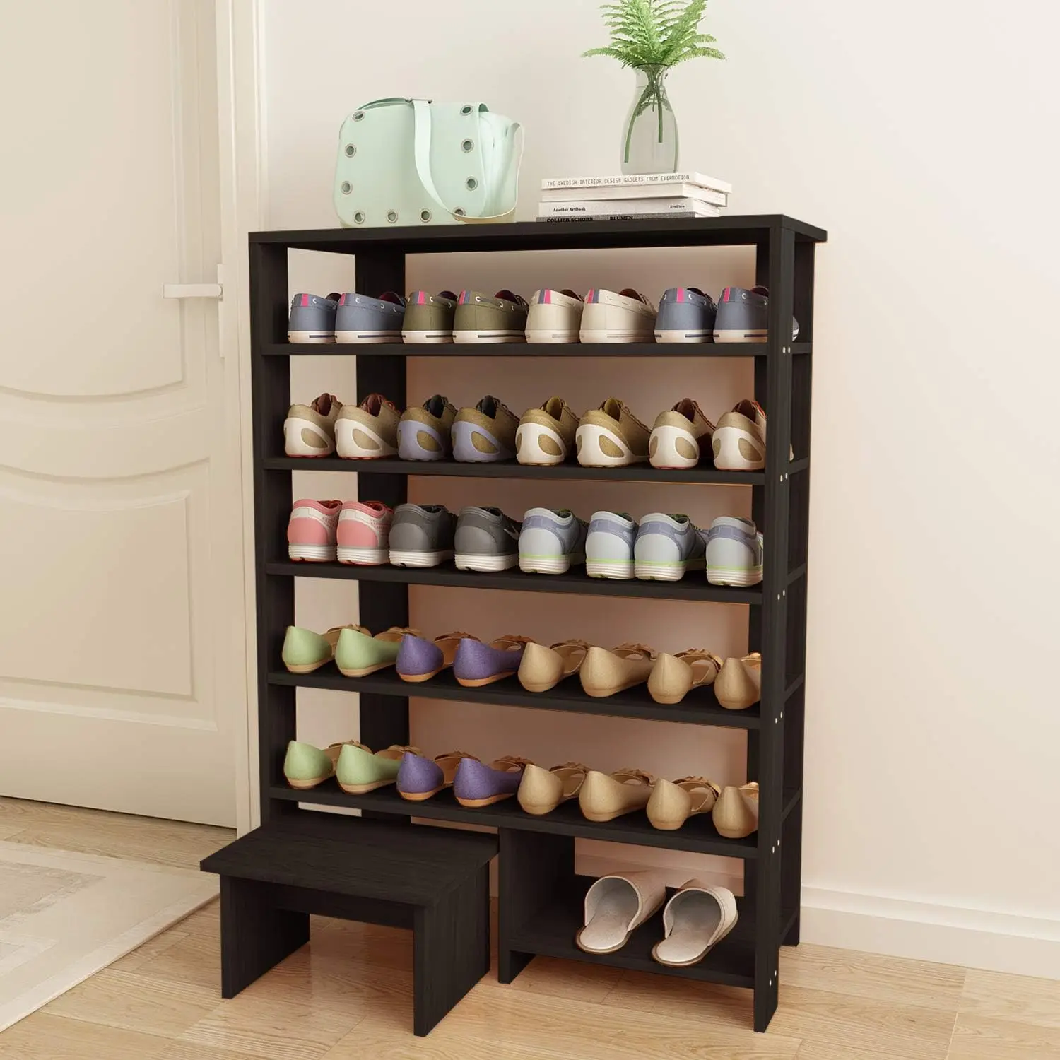6 Tier Wood MDF Shelf Shoe Rack with One Footstool/Shoe Storage Shelves Free Standing Flat Shoe Racks Classic Style -103% 2