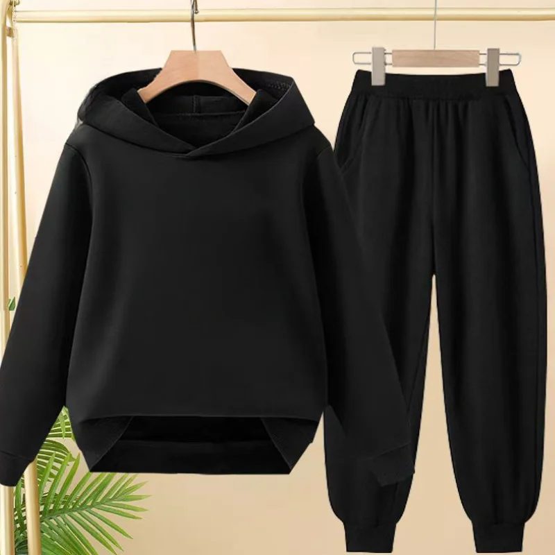 Kinder 3–12 Jahre einfarbiger Pullover-Hoodie für Jungen und Mädchen, Schwarz, Blau, Gelb, Weiß, Rot, Grau, Mantel, Sweatshirt und Hose, 2P, lässiges Sport-Set