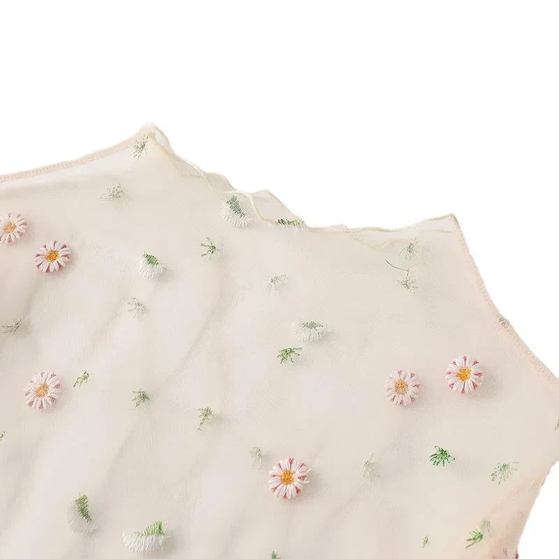 

Little Daisy Embroidered Net Dress Long-Sleeved T-shirt Thin Sun-Protection Shirt Embroidered Inner Bottoming Shirt