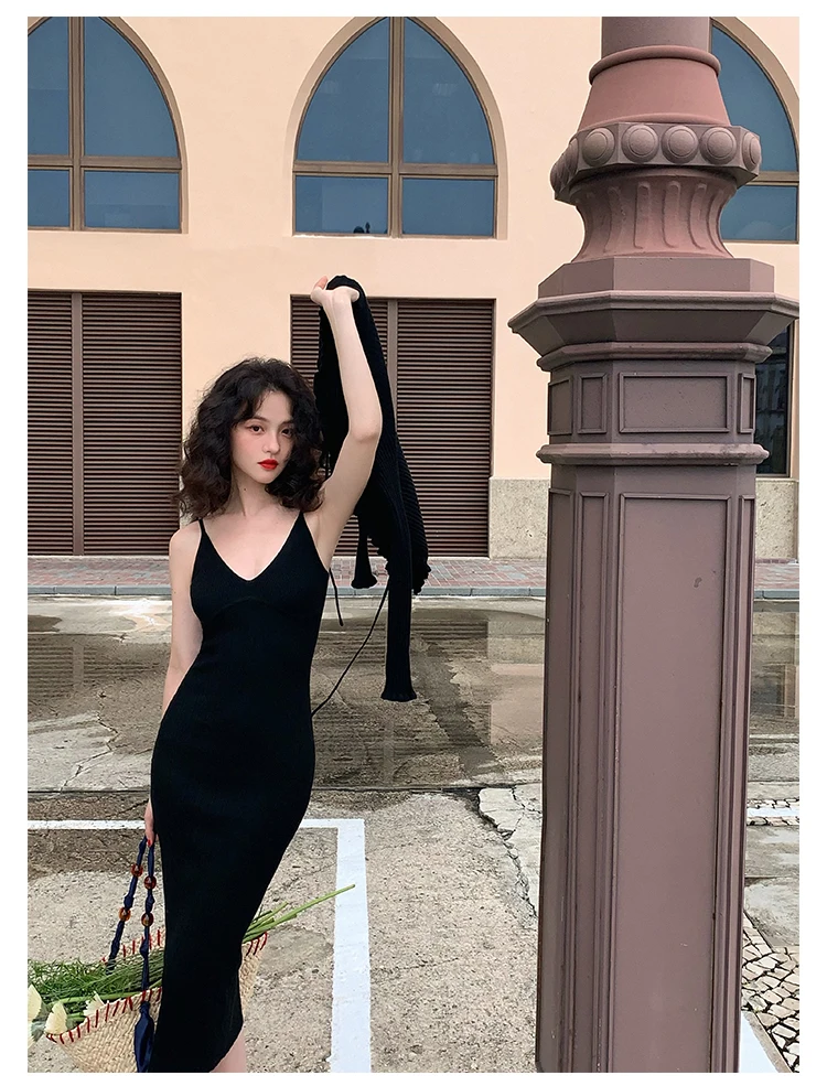 Vintage Chic Knitted 2-piece Dress Set Women Crop Cardigan V-neck Spaghetti Strap Bodycon Midi Dress Autumn New Female Clothing