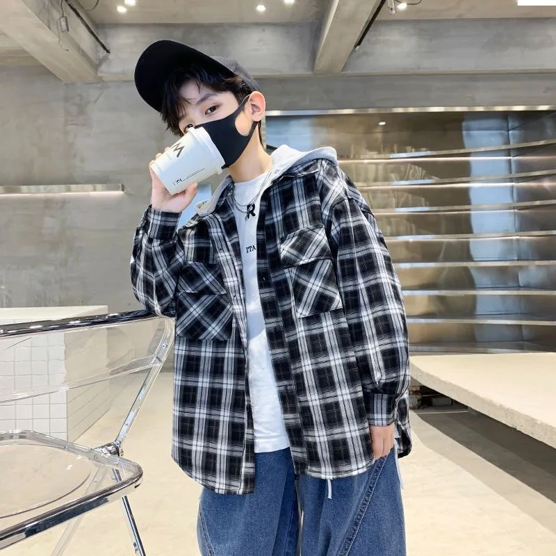 110-170cm Fashion Boys Shirts Long Sleeve School Blouse Loose Boys Cardigan Plaid Shirt For Children Tops Autumn Clothes