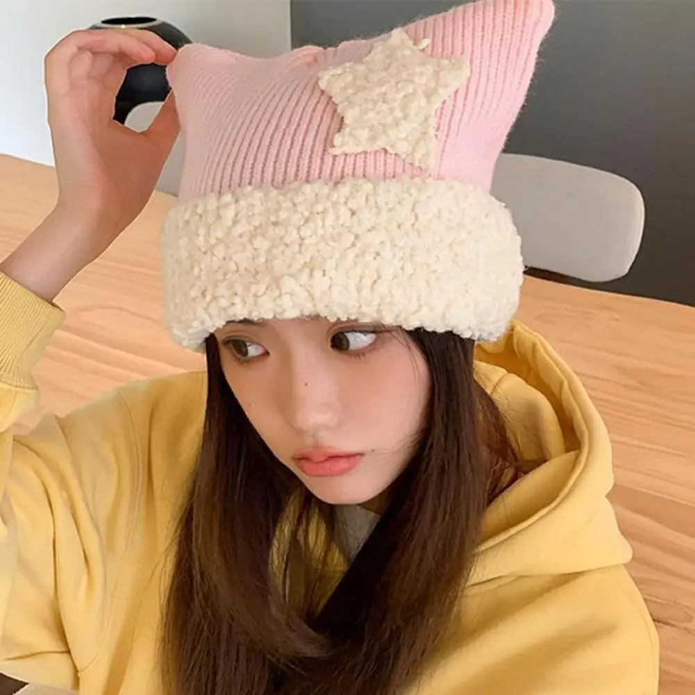 

Women Winter Hat Pentagram Shape Kitty Ear Decor Knitted Thick Color Matching Elastic Anti-slip Windproof Warm Soft Lady Daily O