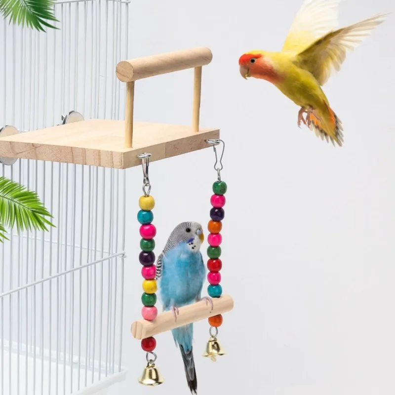 Parrot Toy Bird Perch Stand Bird Toy Bird Swing Toy Bird Cage Accessories Bird Swing Toy Wooden Parrot Perch Stand with Chewing Beads
