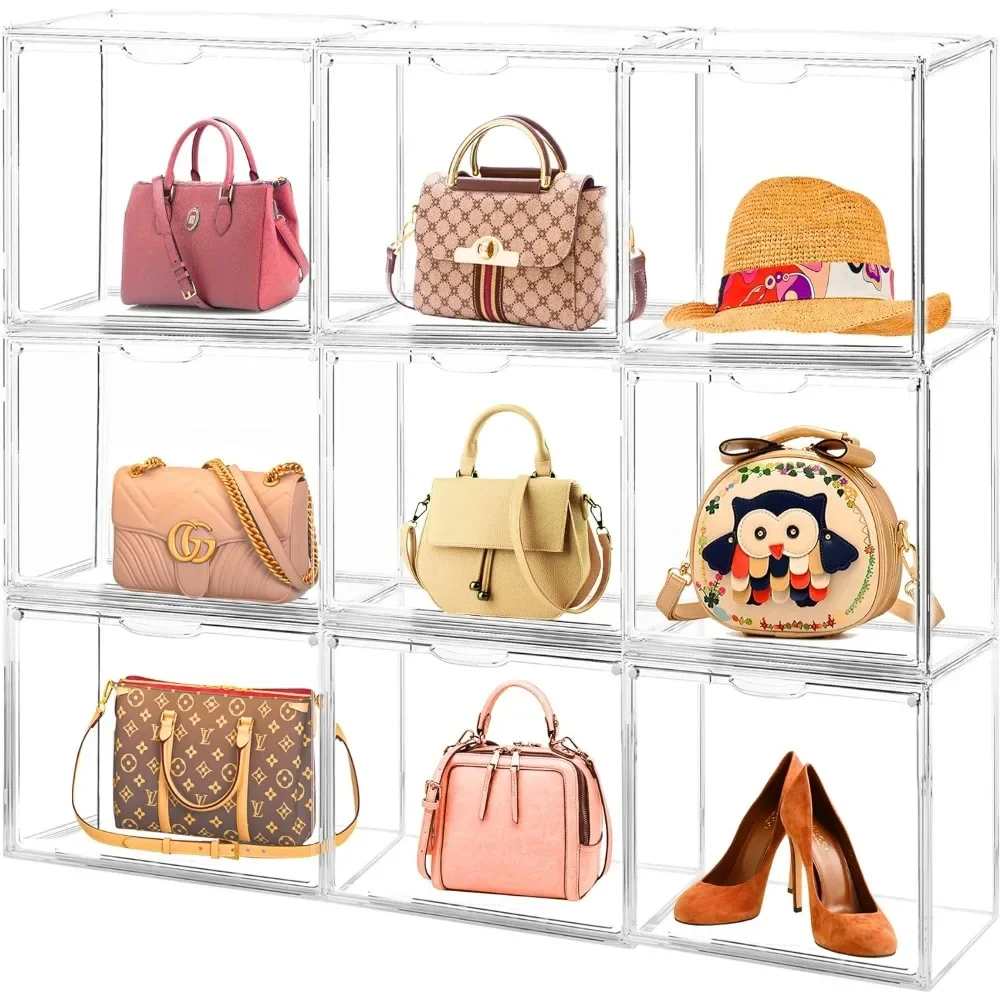 

9 Pack Clear Handbag Storage Organizers for Closet Plastic Acrylic Handbag Purse Shoes Toy Display Case Chest of Drawers Cabinet
