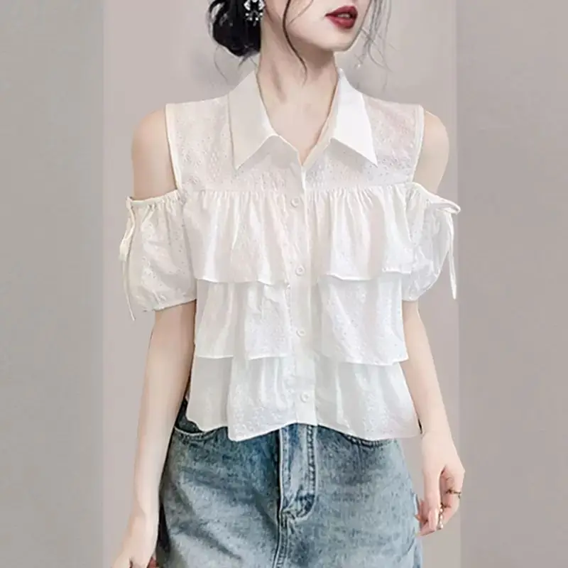 

Женские рубашки с открытыми плечами на шнуровке, женские модные повседневные блузки с оборками, топы с коротким рукавом, Женская короткая рубашка для кукол, Топ Q95
