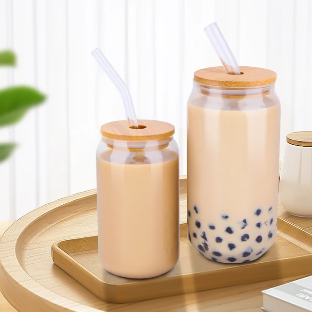 550ml/470ml Glass Cup With Bamboo Lid and Straw Transparent Bubble Tea Cup  Juice Glass Beer Can Milk Cups Glass Drink Cup - AliExpress