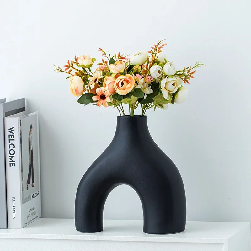 

Table Vase Flower Room Hydroponic Living Art Ornament Home Dining Floral Abstract Arrangement White Ceramic Container Black