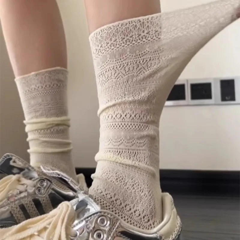 Retro Summer Lace Flower Woman Socks Sweet Lolita JK Pile Solid Color Hollowed Out Long Loose Socks Casual Comfortable Sockings