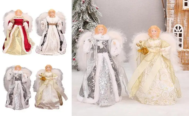 

Angel With White Feather Christmas Tree Topper Delicate Top Angel Statue For Indoor Christmas Tree Ornaments Festival Supplies