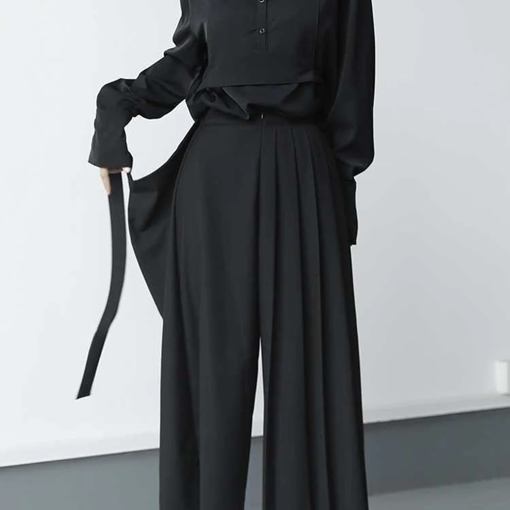 Wide Leg Pants Darkness Versatile Slim Pleated Nine-Point Wide-Leg Pants Unisex Double-Layer High-Waisted Loose Tight-Waisted Straight Culottes