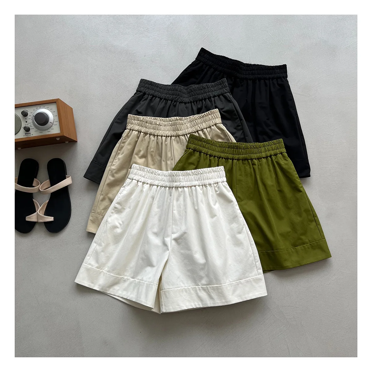 

Latter Rain Korean Version High Waist Casual Beach Wear Summer New Vacation Simple Women Shorts Elastic Waist Wide Leg Pants