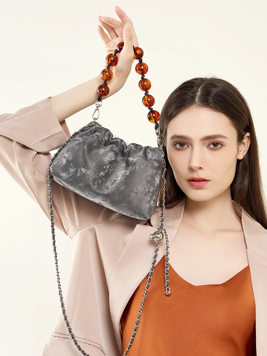 

2024 New Pleated Chain Cloud Bag Genuine leather Women's Bag Fashion casual shoulder crossbody bag Pearl Dumpling bag