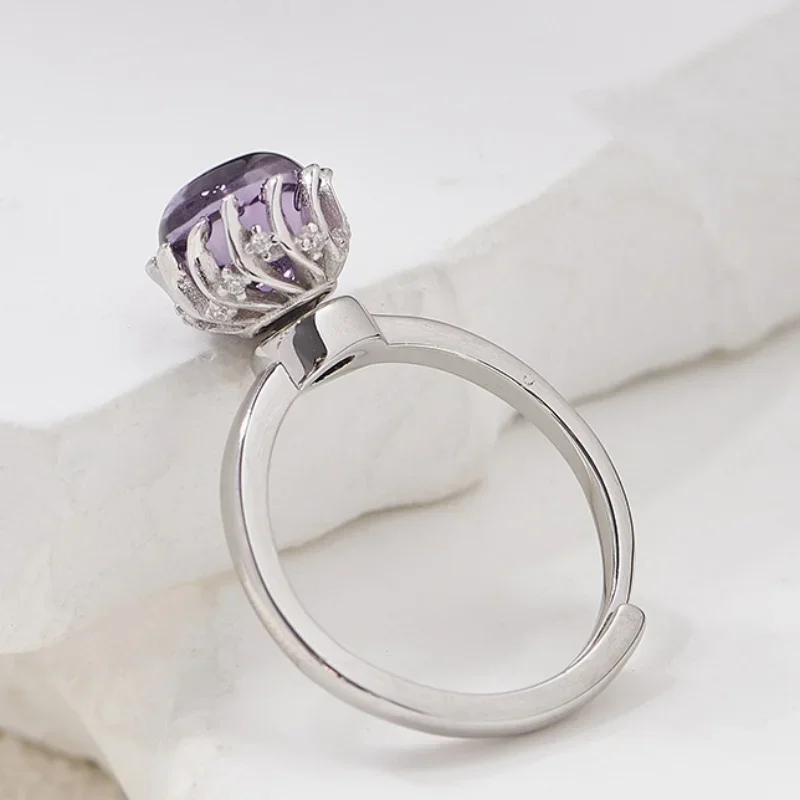 S925 Sterling Silver Charms Rings For Women New Fashion Simplicity Flowers Inlaid Natural Amethyst Jewelry Free Shipping