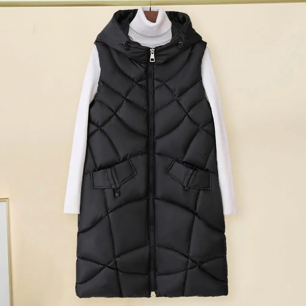 

Winter Women Jacket Sleeveless Hooded Vest Stand Collar Mid Length Slim Fit Keep Warm Padded Zipper Winter Cotton Coat