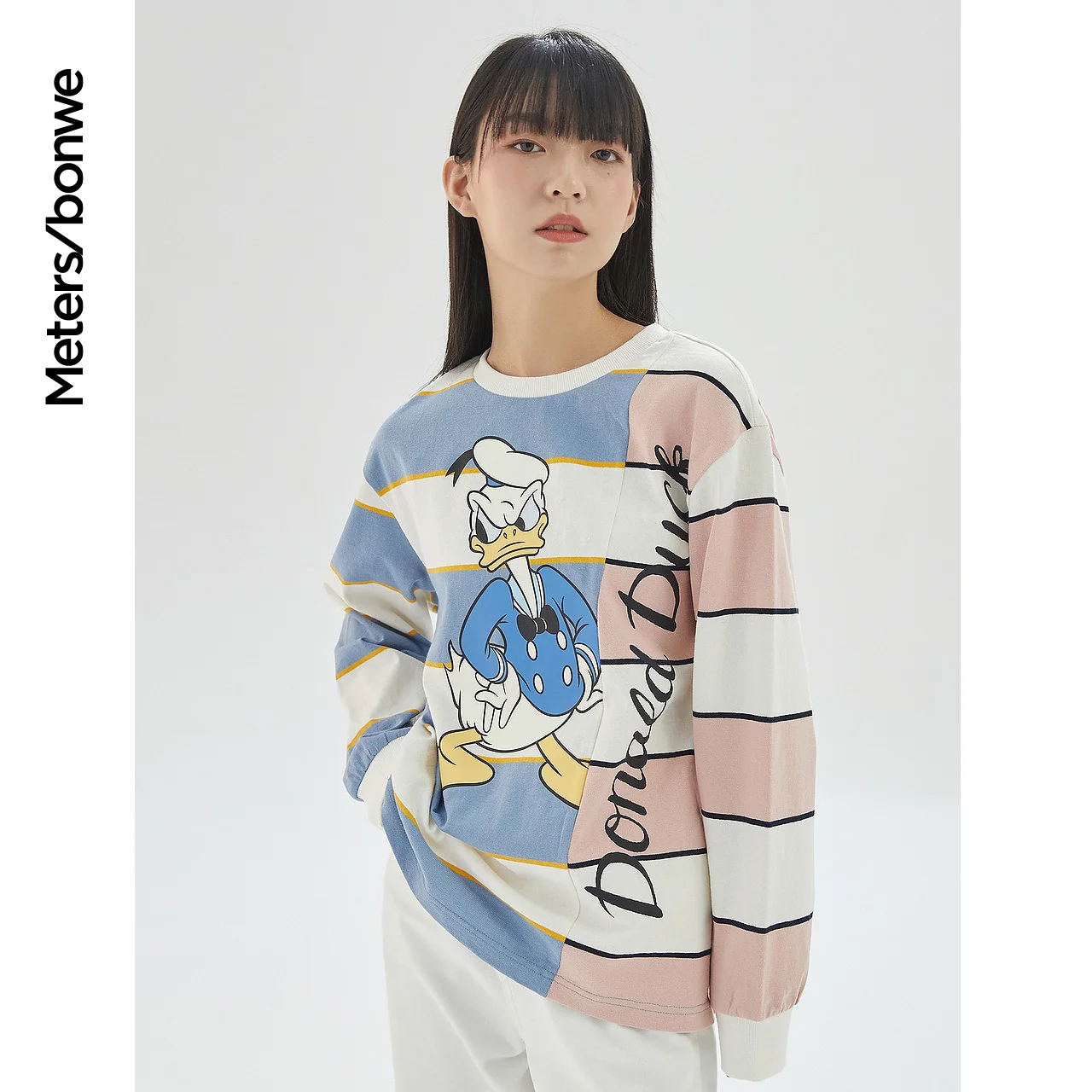 Metersbonway Women's Cartoon Print Stripe Sweat Shirt 100% Cotton Color Contrast Pullovers Spring And Autumn Fashion Trend Tops