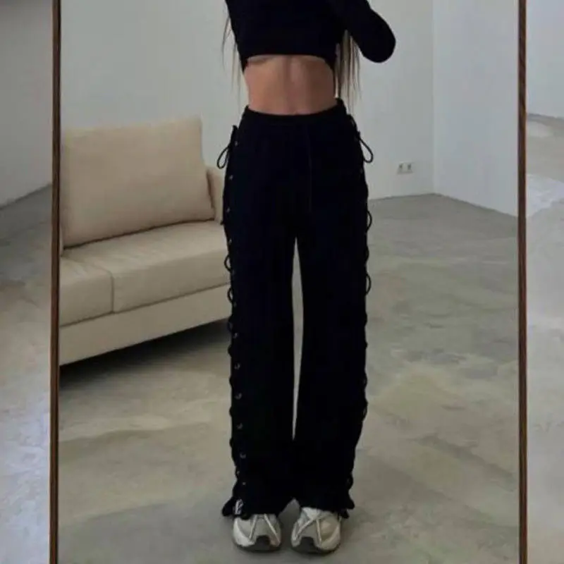 Sweatpants Knitted Slit Hollow Bandage Solid High Waist Loose Summer Trousers For Ladies Casual Streetwear Pants Woman Trousers