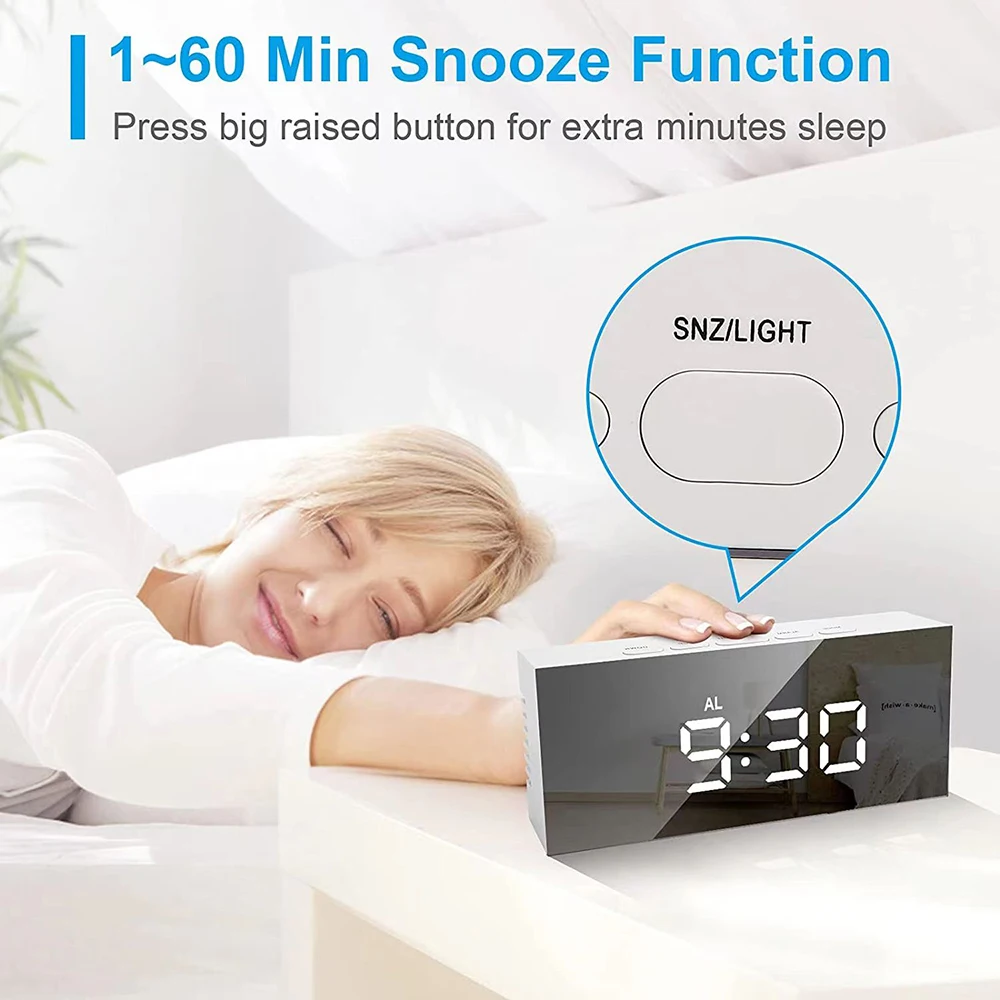 LED Mirror Digital Alarm Clock Snooze Time Electronic Alarm Clock Large Time Temperature Display Night Mode Home Decor