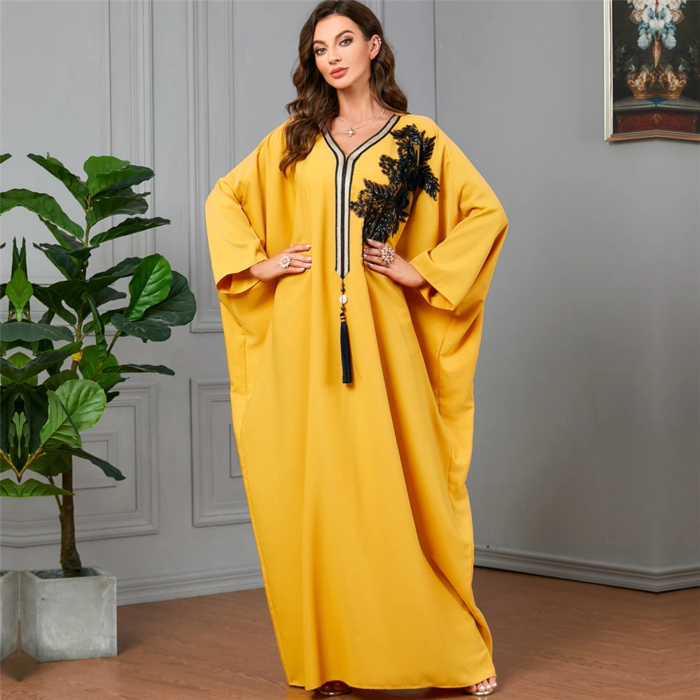 

Yellow Kaftan Women Batwing Sleeve Loose Maxi Dress Tassel Abaya Dubai Turkey Islamic Clothing Eid Ramadan Robe Morocco Caftan