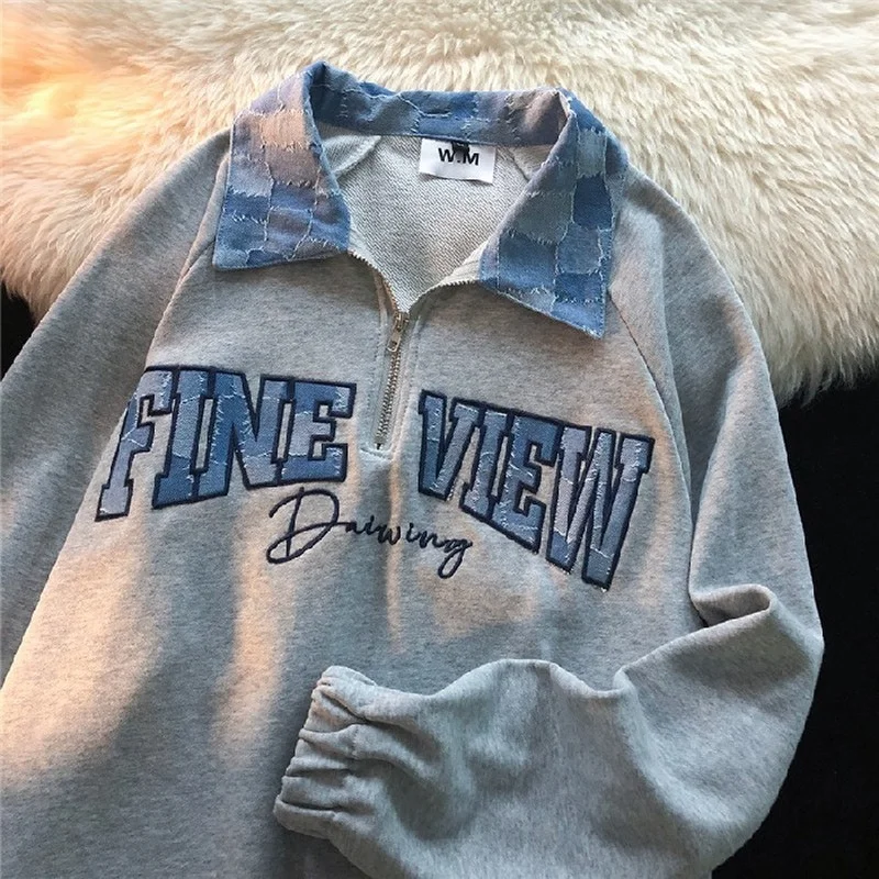 

Vintage Gray Letter Embroidery Zipper Pullover Sweatshirt Women 2022 Autumn Thin American Colorblock Long Sleeve Casual Jackets