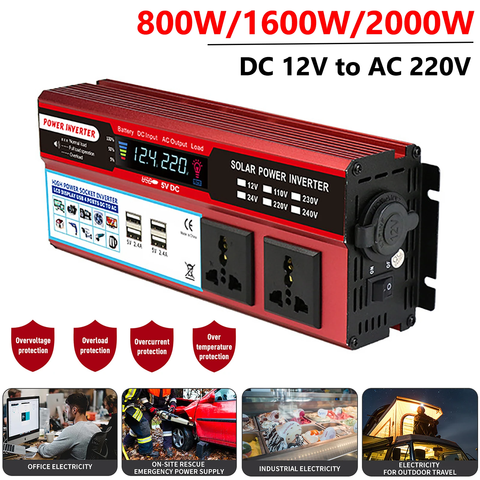800/1500/2000W Inverter Solare Dc 12V A Ac 220V Inverter Di Potenza Trasformatore Per Auto Convertitore Sinusoidale Modificato Inverter Di Energia Sol