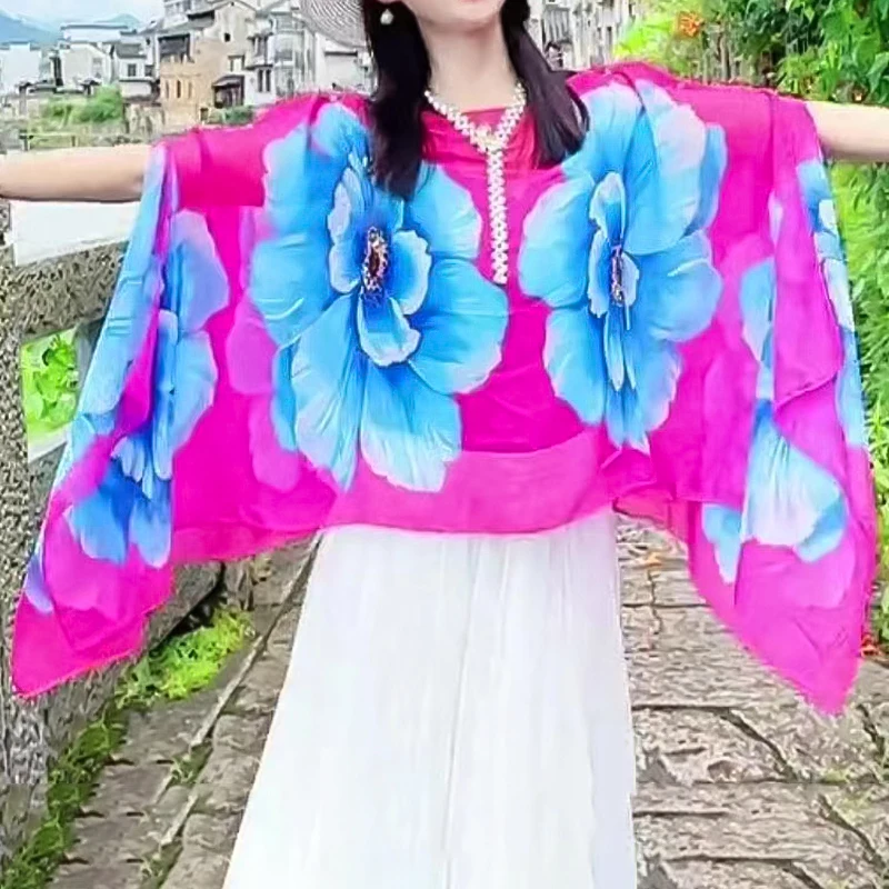 여성용 숄 랩 판초 진주 비키니, 햇빛 차단, 야외 꽃 패턴 장식 액세서리