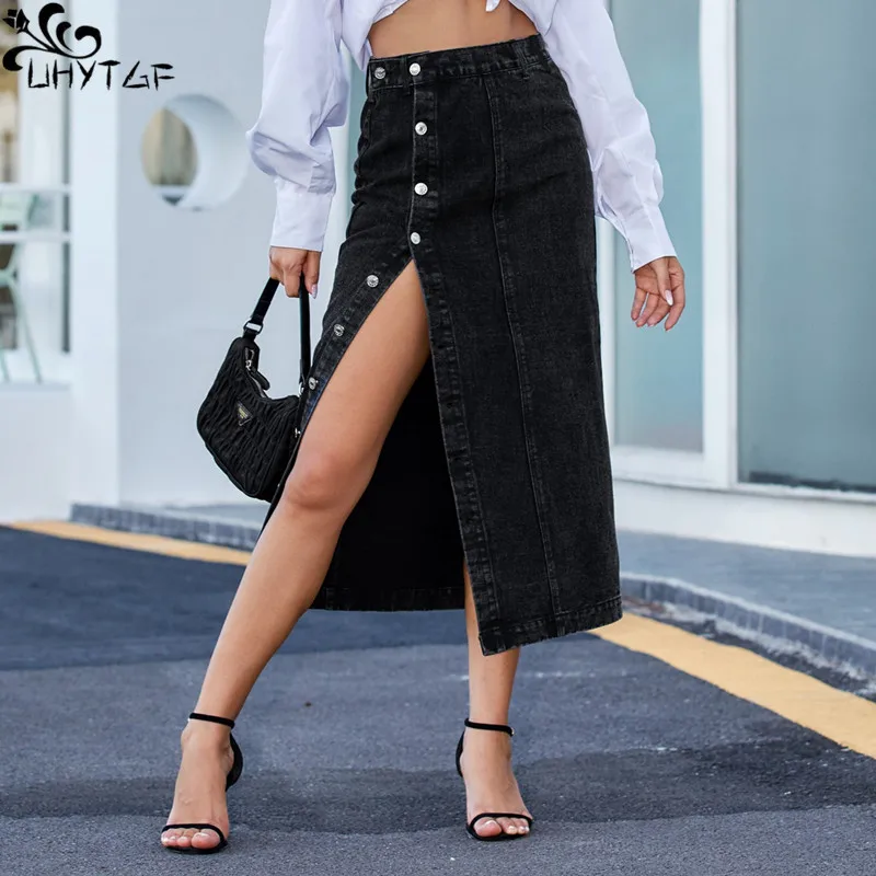 

UHYTGF Denim Long Skirt Women Spring Summer New Button Irregular Slit Cowboy High Waist Fashion Trend Chic Ladies Jean Skirt 387