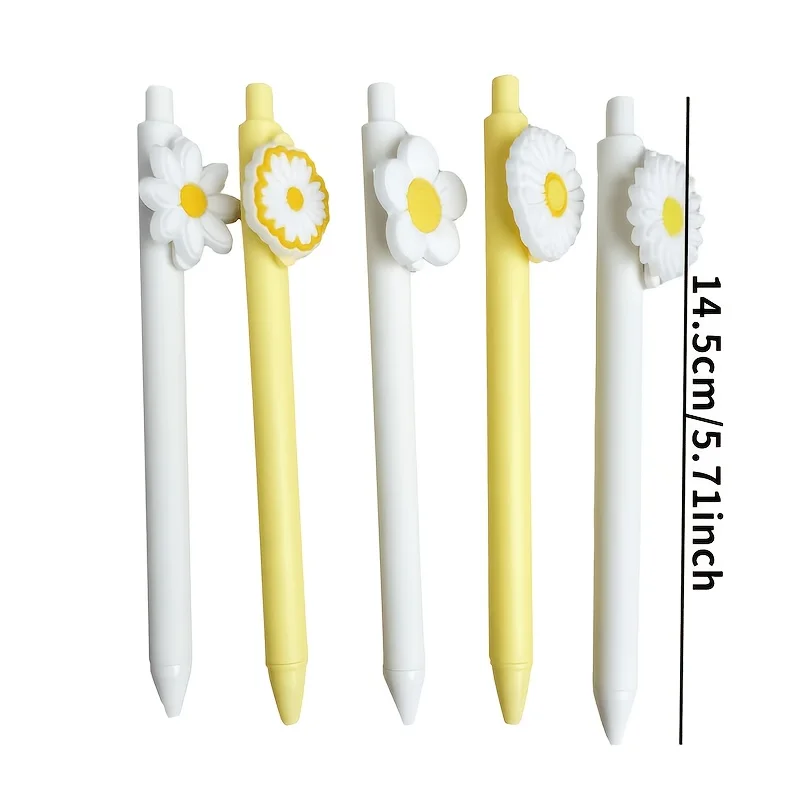 5 penne a sfera a tema girasole bianco, stagione di ritorno a scuola, adatte per la scuola, l'ufficio, inchiostro nero, scrittura fluida. - immagine 4