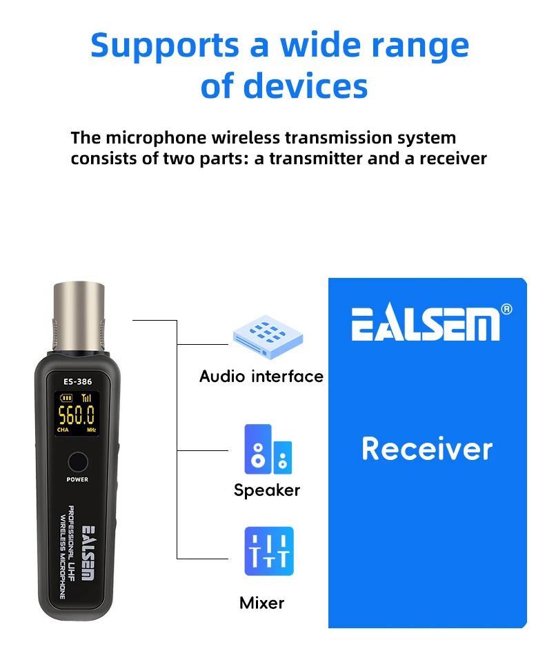 EALSEM 386 UHF Wireless Microphone Converter XLR Transmitter and Receiver Microphone Wireless System for Dynamic Microphone