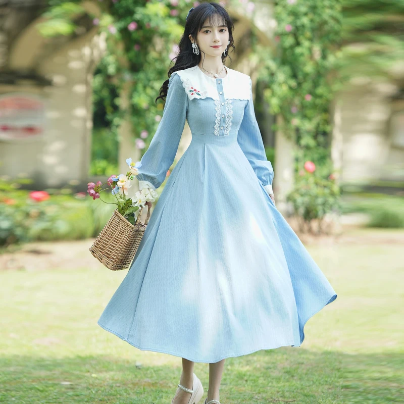 Sweet O-Neck Stitched Blue Dress Ladies Lantern Sleeves Vintage