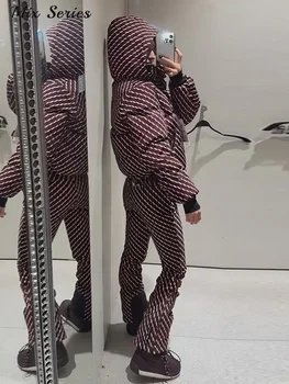 Fashion Striped Ski Suit Women's Hooded Full Sleeves Zippers Warm Coats High Waist Pants 2025 Autumn Winter Lady Tracksuit ﻿ 1