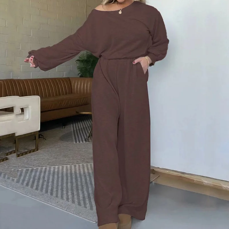 

2024 Casual Long Sleeve Hollow Backless Overall Women Pockets Long Jumpsuit Simple Solid Elastic Waist Full Pants One Piece
