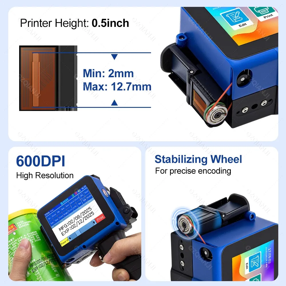 12.7mm Label Inkjet Printer Handheld Printer 600dpi Adjustable Multiple Languages for Batch Serial Number Plastic Wood Fabric