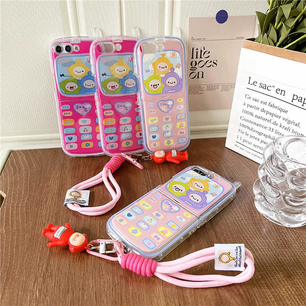 Cartoon T-Teletubbie Con Custodia Per Telefono Con Cordino Per Samsung Galaxy Z Flip 3 4 5 5G Pc Cover Posteriore Rigida Anti-Goccia Funda